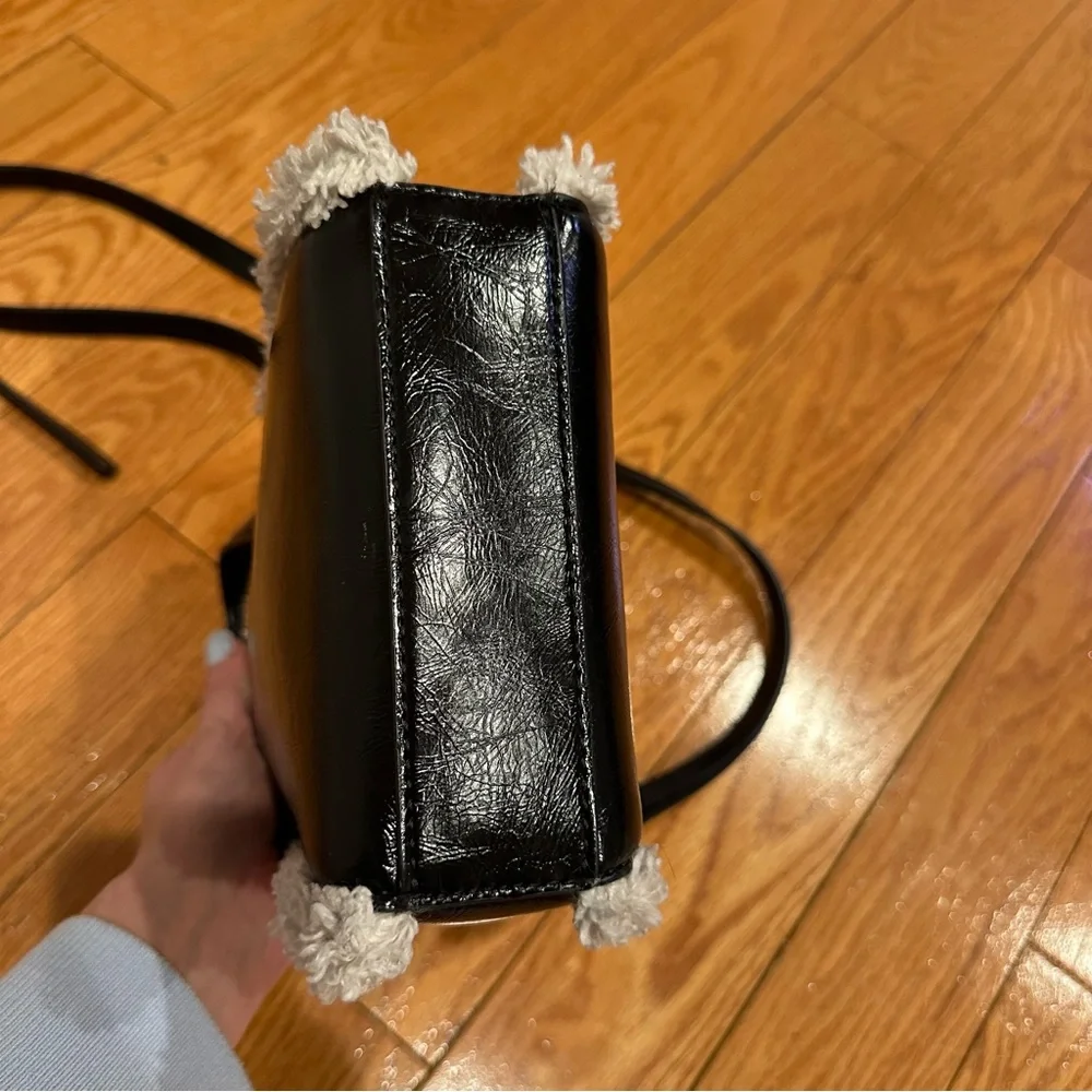 DKNY North South Crossbody Black Faux Leather Mini Tote with Sherpa Trim